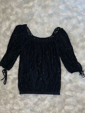 Aqua Black Lace Scoop-Neck 3/4 Sleeve Tunic with Tie Cuffs